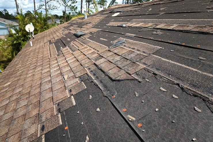 Storm-damaged asphalt shingle roof in High Point, NC showing missing shingles and weather-related roof deterioration.