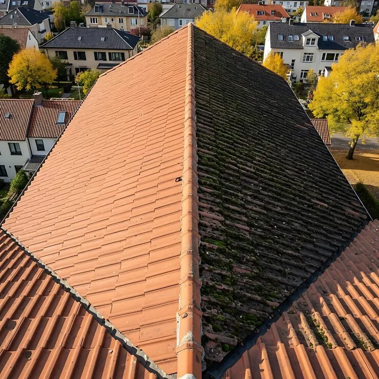 Before and after roof cleaning comparison showing moss and algae removal from a residential roof in High Point, NC.
