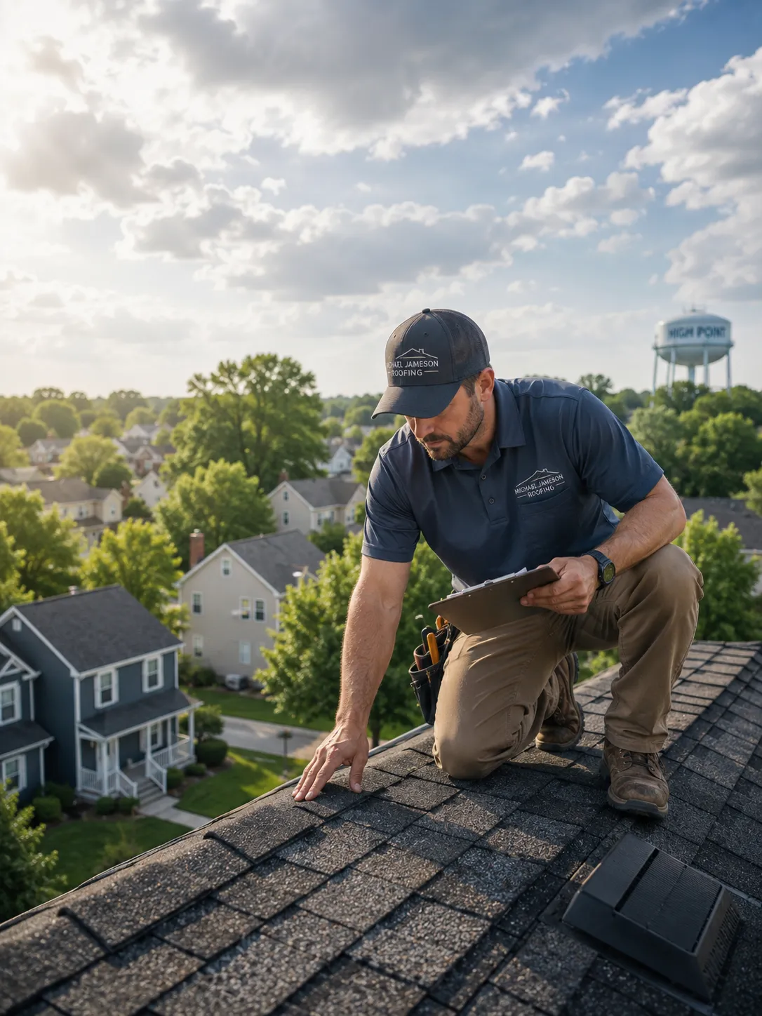 Michael Jameson Roofing contractor performing a residential roof inspection in High Point, NC, providing roof repair, replacement, storm damage inspections, and maintenance services.