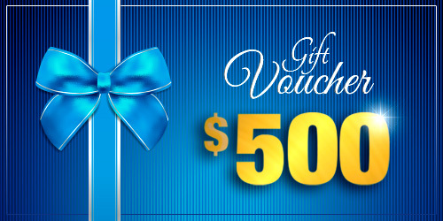 A preview of a $500 gift voucher with a blue ribbon