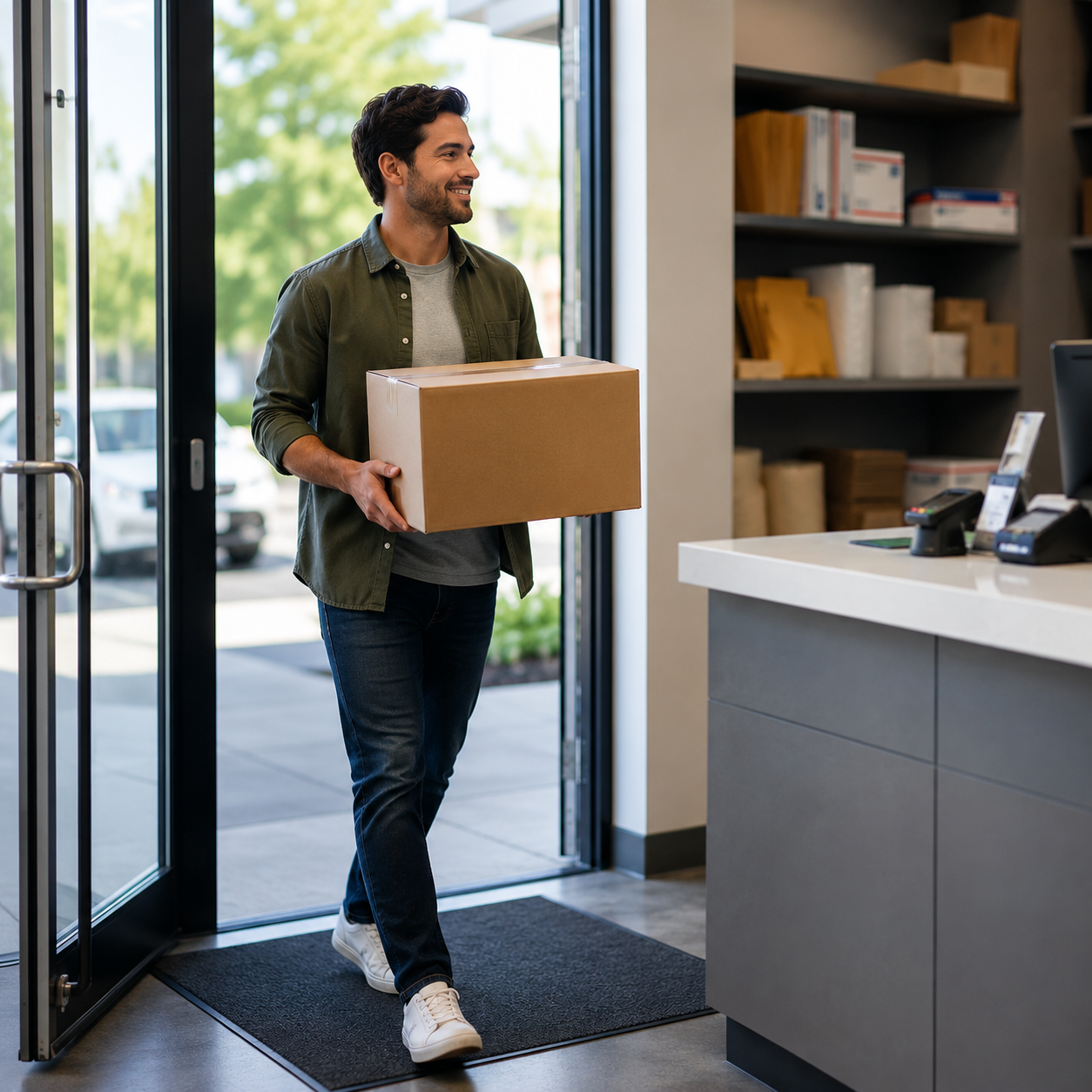 Customer bringing a package into a shipping store