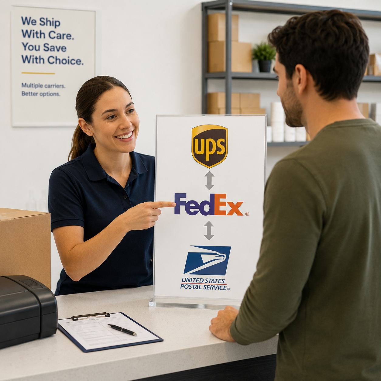 Customer comparing UPS, FedEx, and USPS shipping options