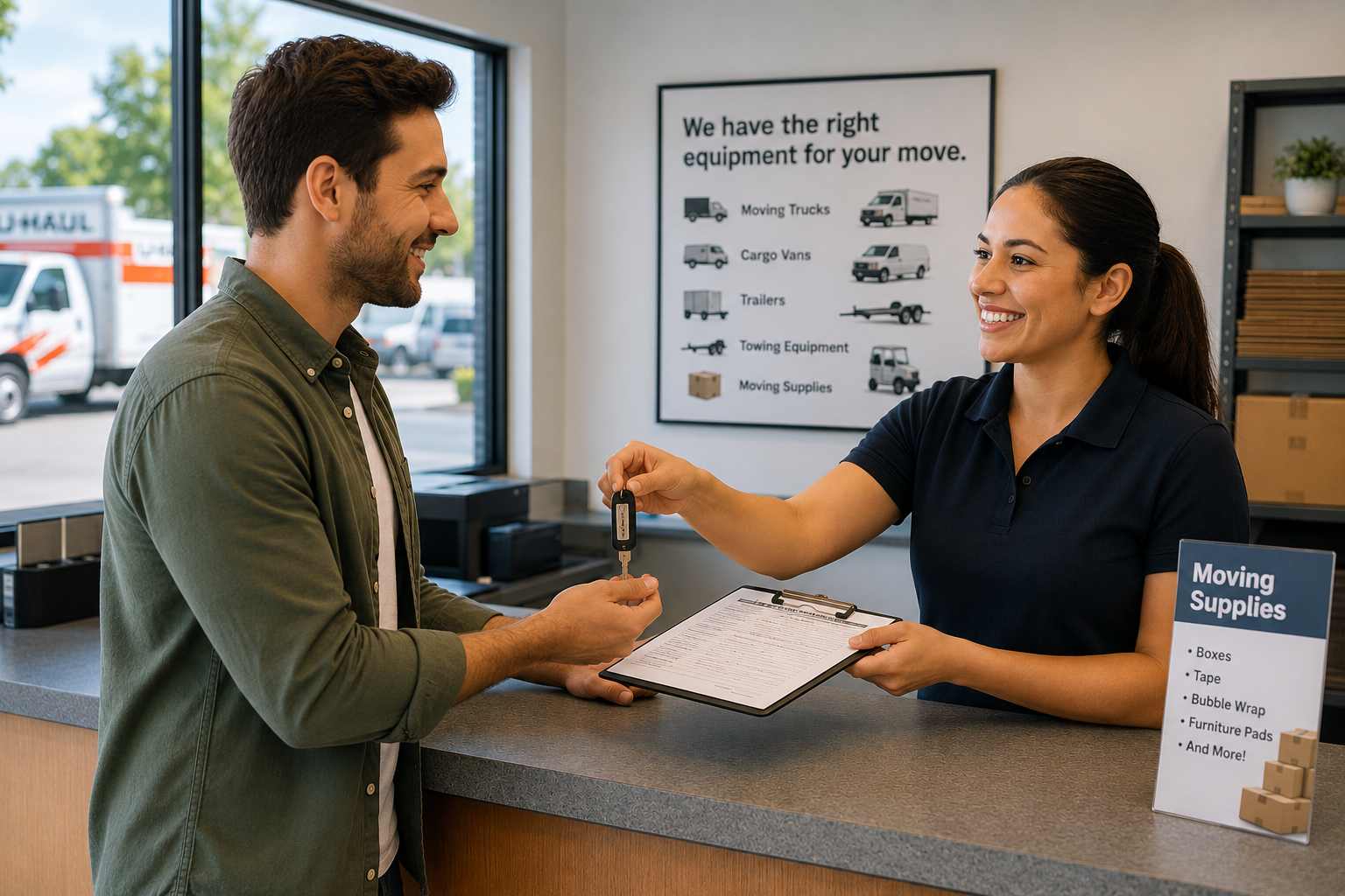 Customer receiving rental keys and paperwork from an employee