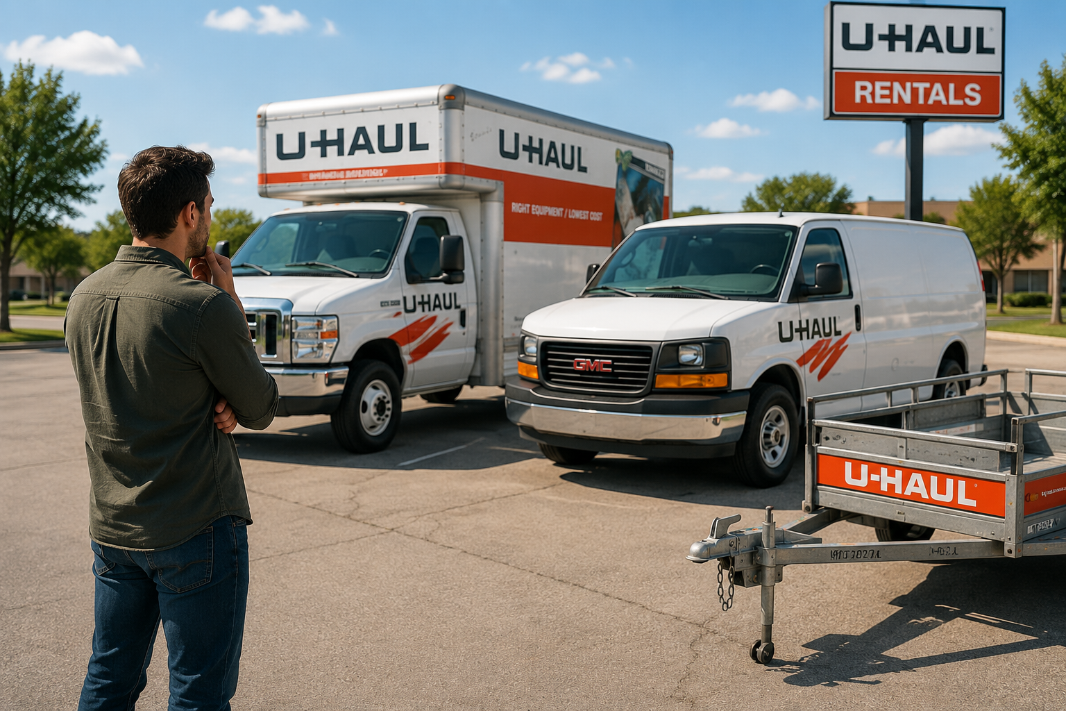 Customer comparing a U-Haul moving truck, cargo van, and utility trailer