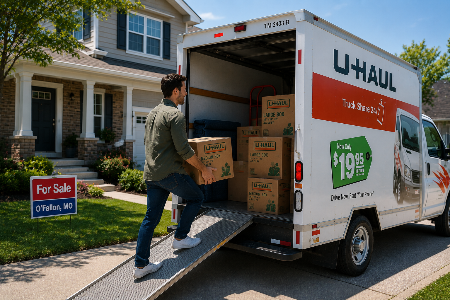 Customer loading moving boxes into a U-Haul truck at a home