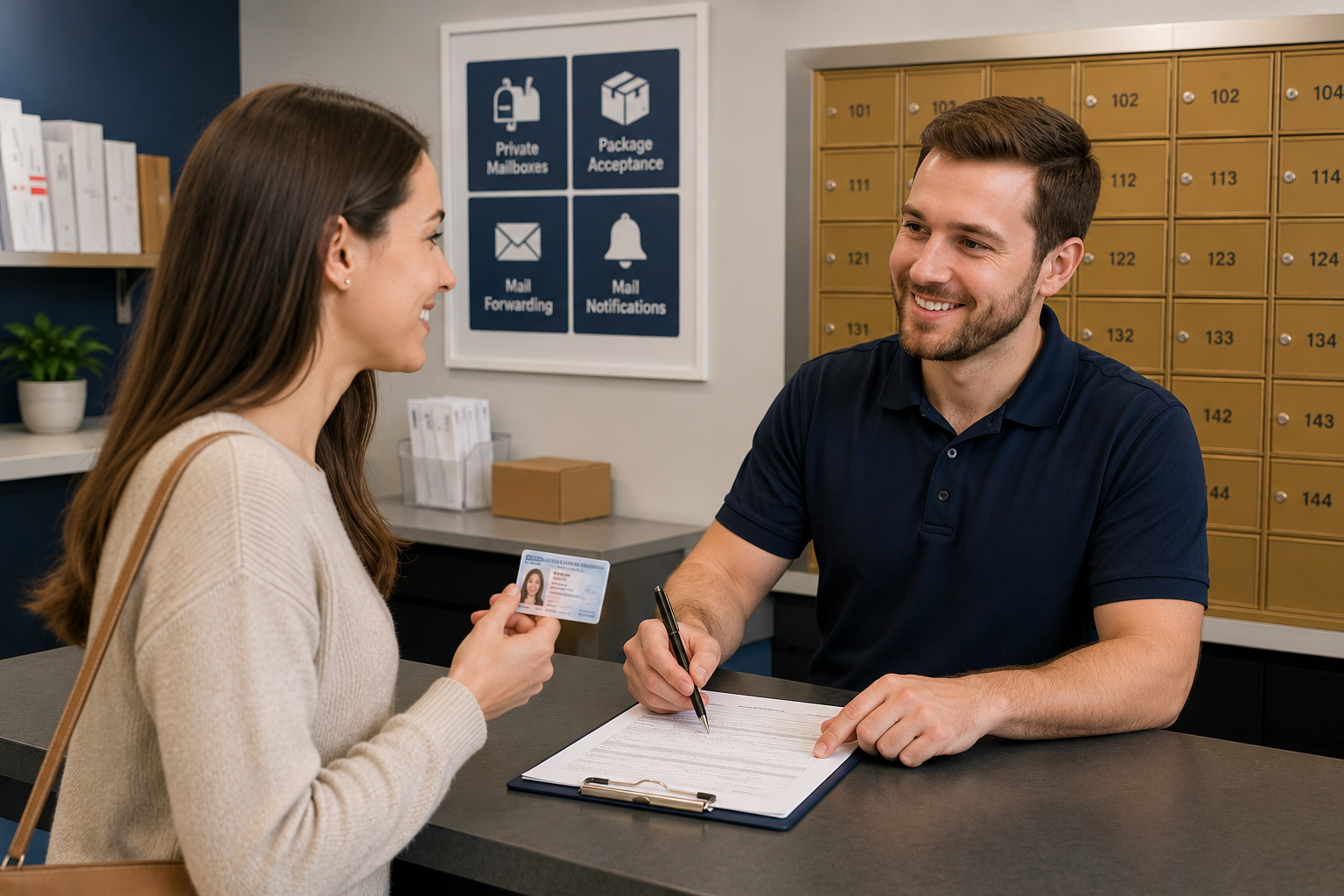 Customer completing private mailbox rental paperwork and presenting identification