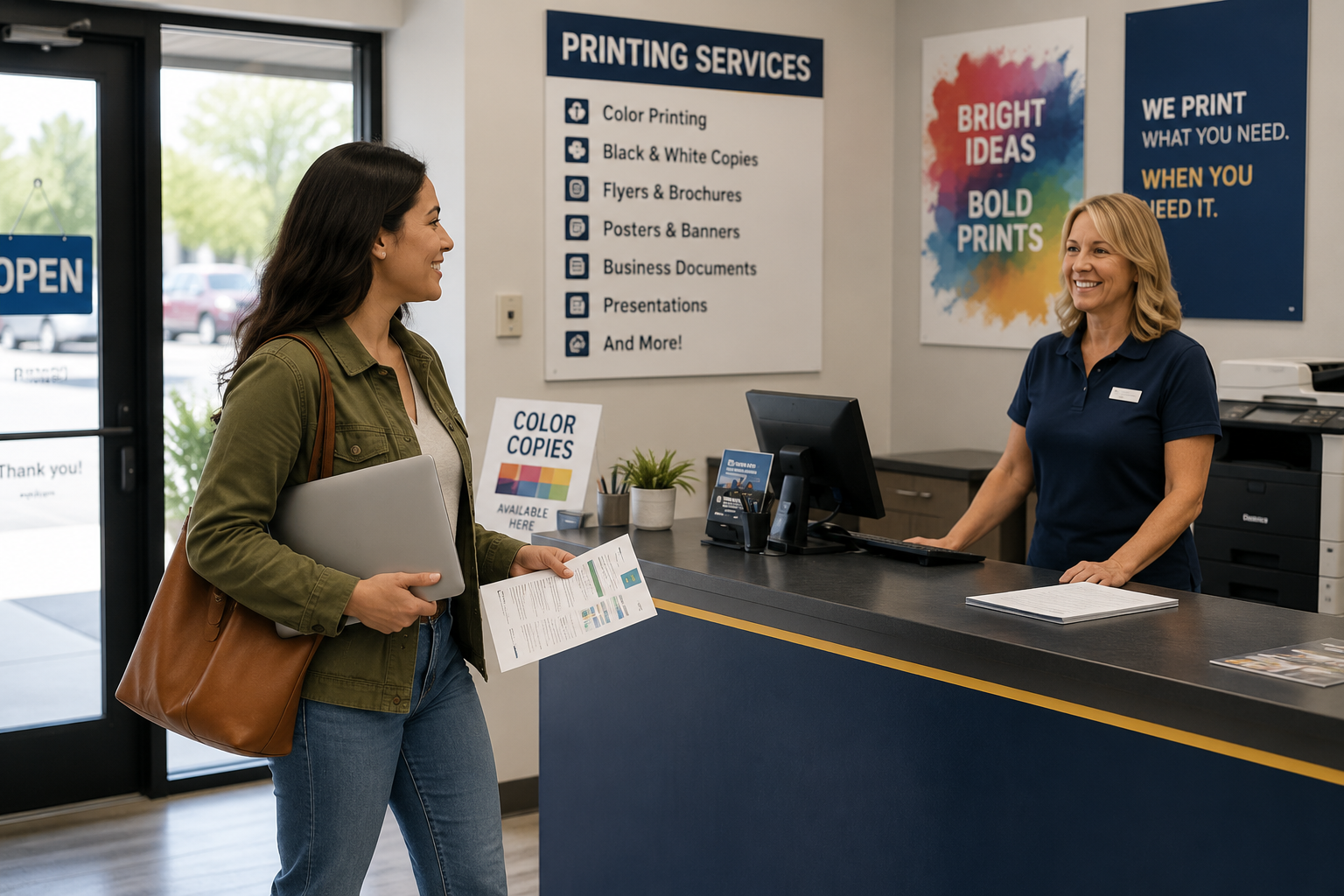 Customer entering a local print shop with a laptop and documents