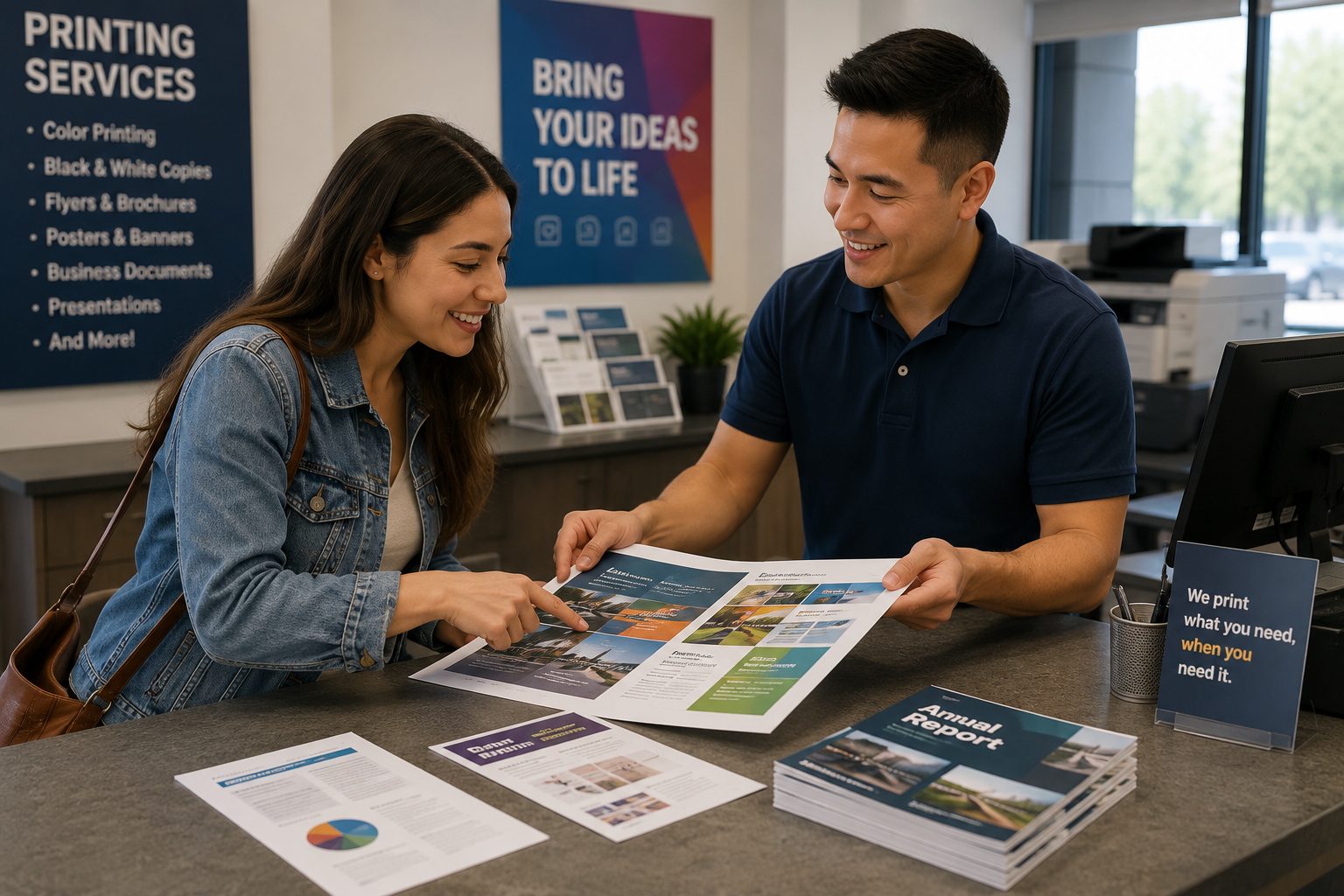 Customer reviewing colorful printed proofs with a print shop employee