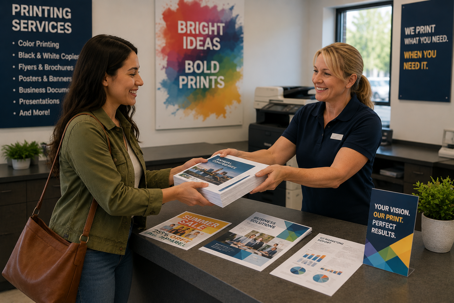 Customer receiving a finished stack of professionally printed documents