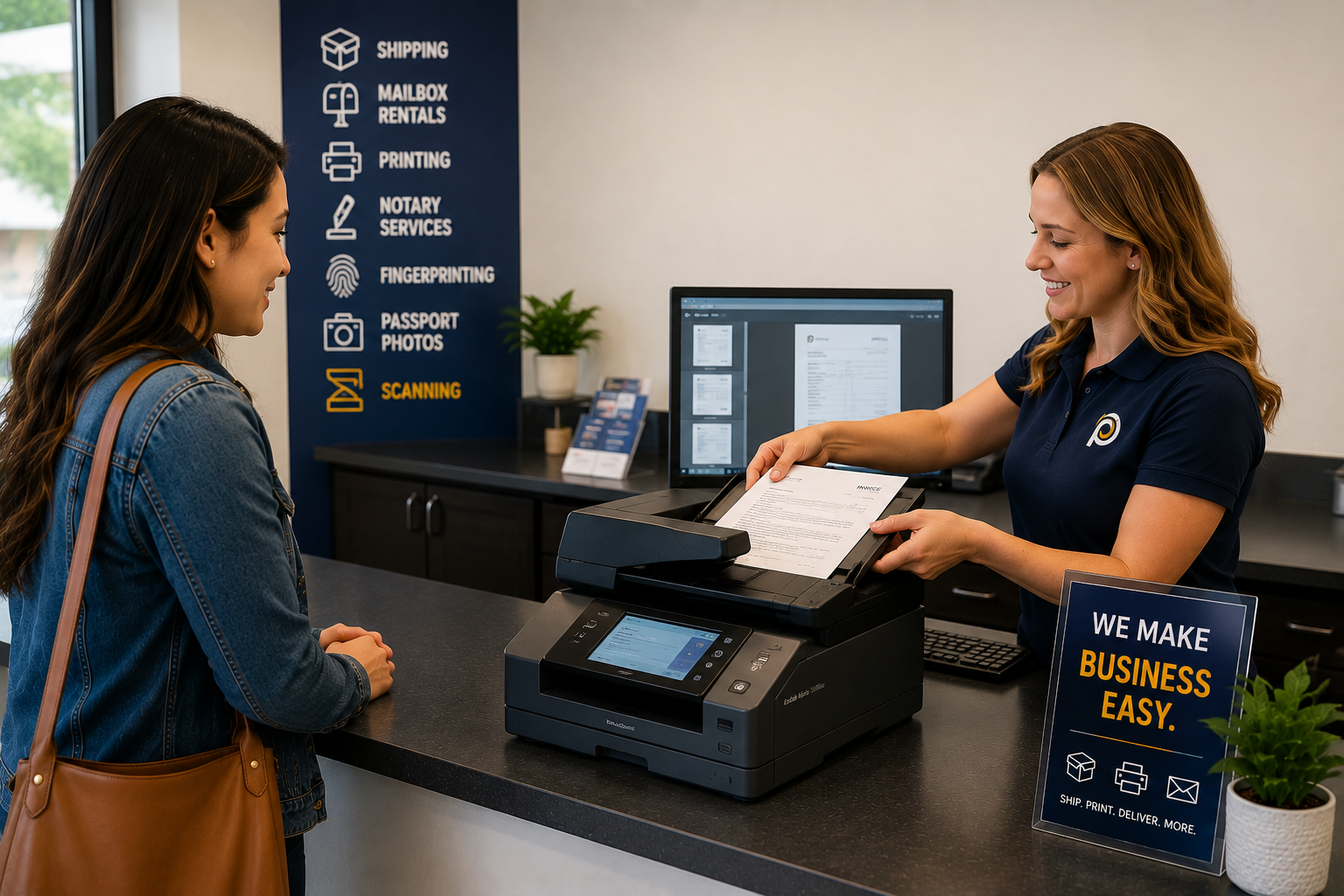 Postal Capital employee scanning customer documents with professional equipment
