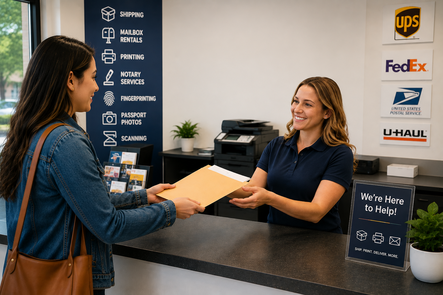 Customer bringing documents to Postal Capital for scanning in O'Fallon, Missouri