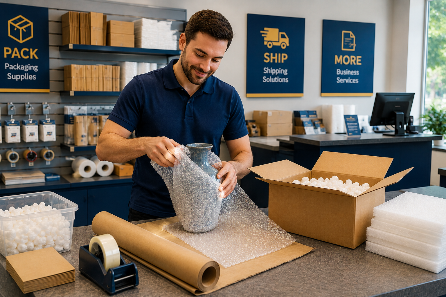 Postal Capital employee professionally wrapping a fragile item with protective packing materials