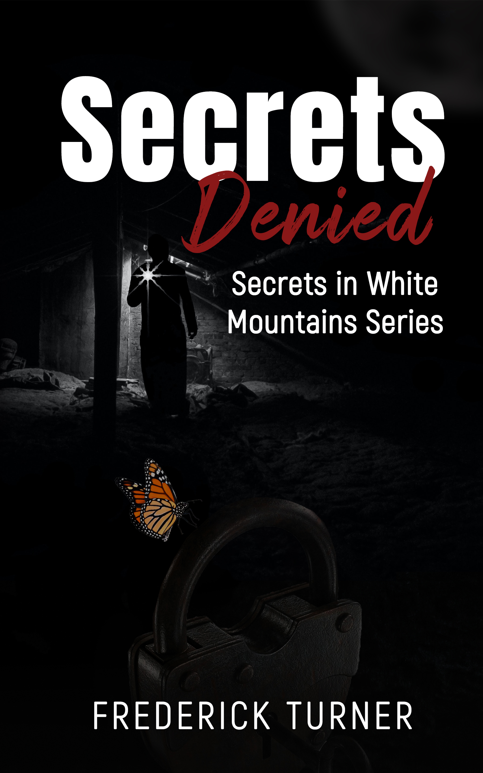 Secrets Denied by Frederick Turner, featuring a shadowed figure with a flashlight and a butterfly