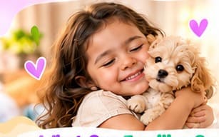 Child holding a small puppy