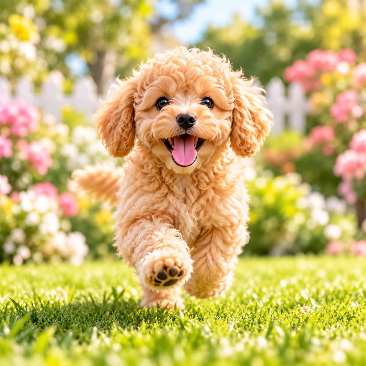 Happy puppy running across the grass
