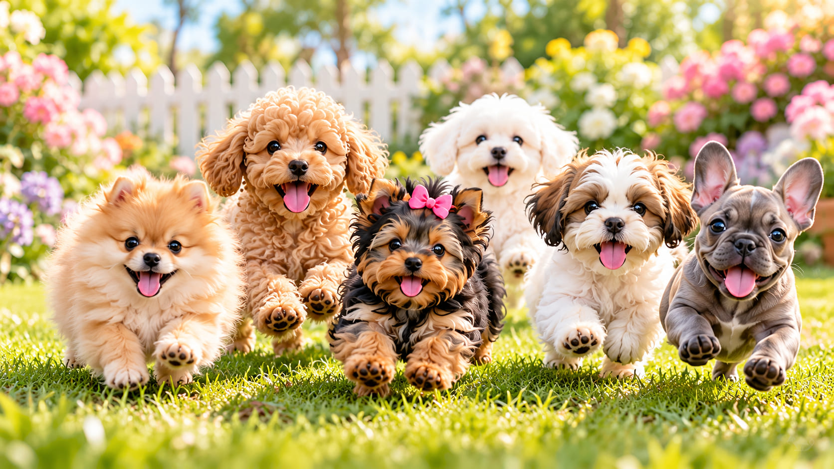 Pomeranian, Poodle, Yorkie, Maltese, Shih Tzu and French Bulldog puppies running through a garden