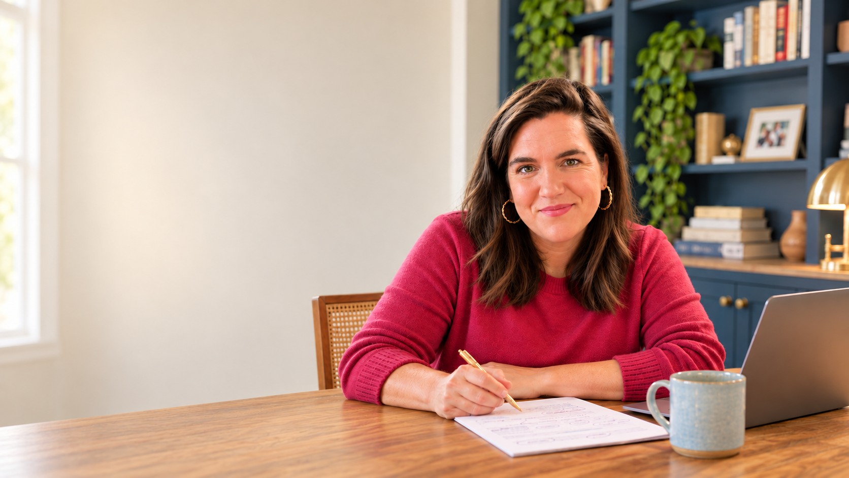 Jaime Hanson at her table at home, pen on a marked-up draft, laptop and coffee beside her, with an open cream wall to her left