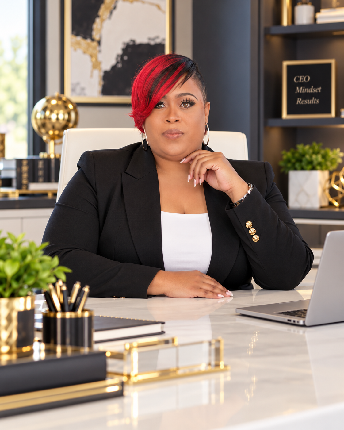 Coach E seated at her desk in a black blazer