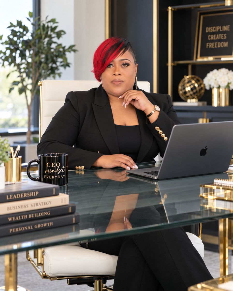 Coach E seated at her desk in a black blazer