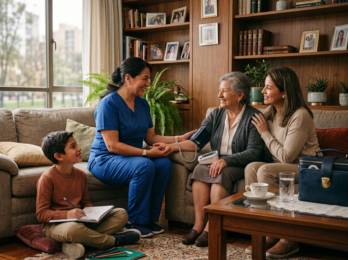 Familia y enfermera en un hogar cálido