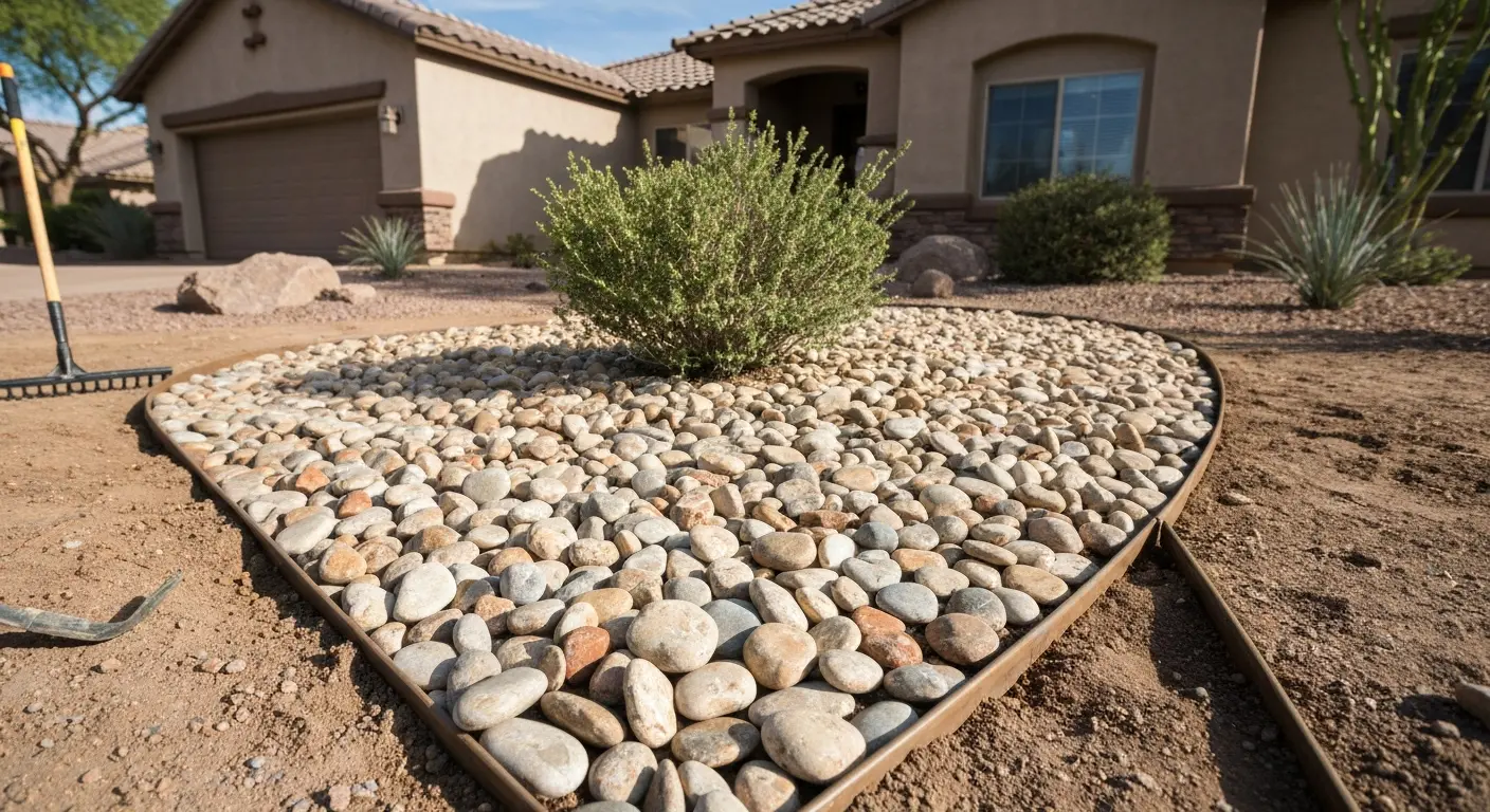 Decorative river rock in front yard