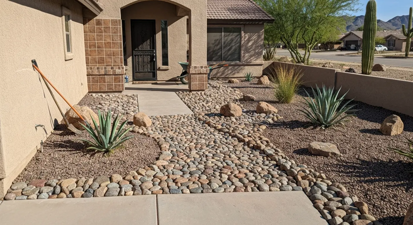 Front yard river rock landscaping