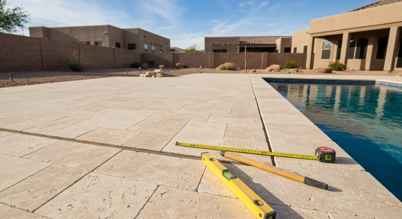 Travertine deck by pool