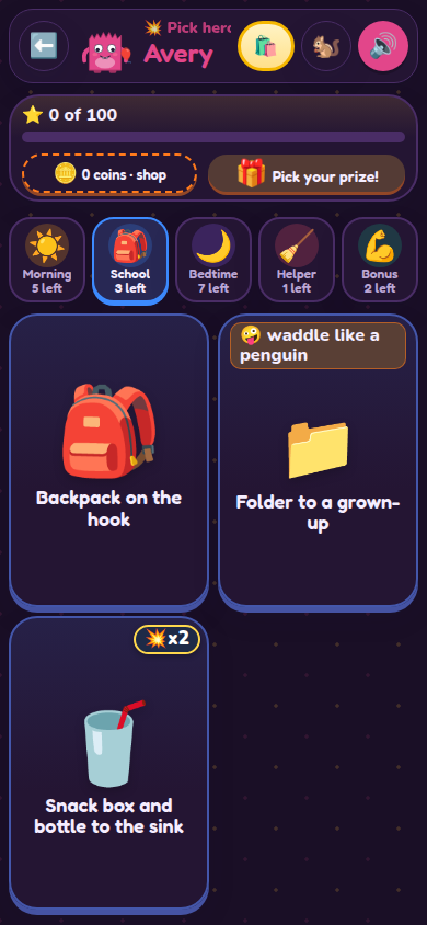 Momster Helper's kid view with morning, school, bedtime, helper, and bonus jobs