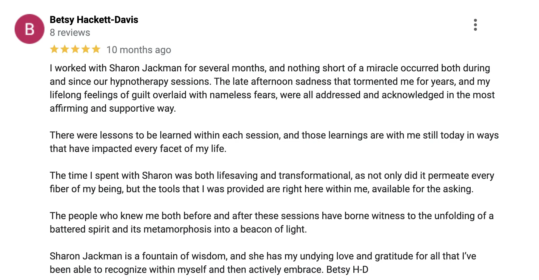 Customer review praising hypnotherapy sessions with Sharon Jackman