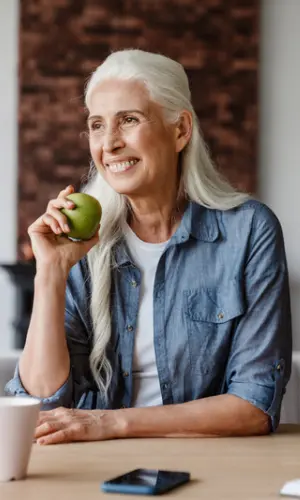 Smiling elderly woman holding an apple