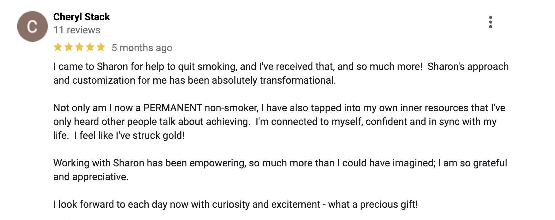 Customer review praising Sharon Jackman for transformational hypnotherapy