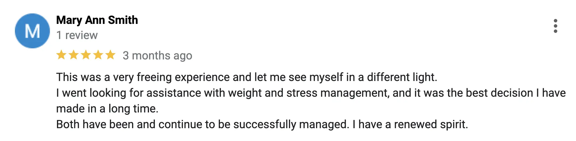 Customer review praising Sharon Jackman for weight and stress management