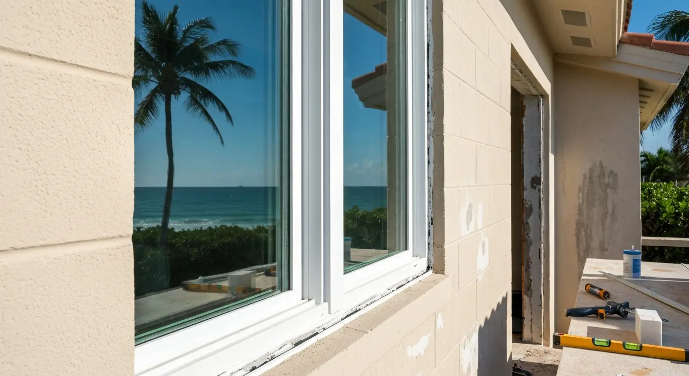 Impact window installation in Pompano Beach coastal home