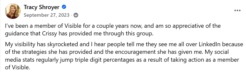 Client testimonial screenshot praising the 21 Day Visibility Shift