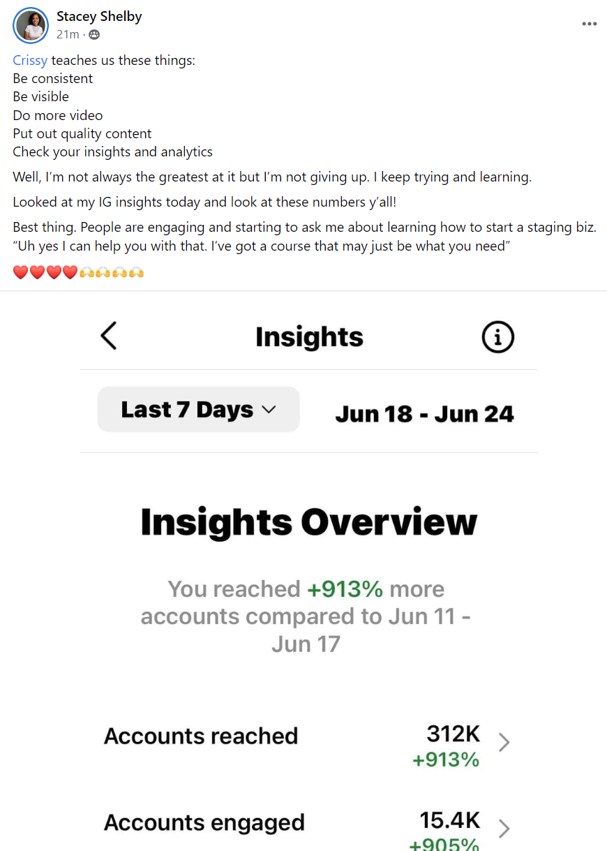 Client testimonial screenshot praising the 21 Day Visibility Shift