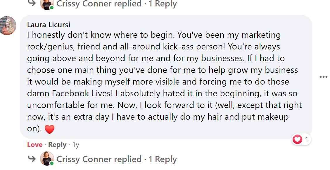 Client testimonial screenshot praising the 21 Day Visibility Shift