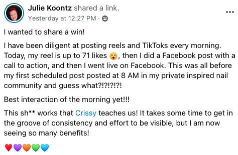 Client testimonial screenshot praising the 21 Day Visibility Shift