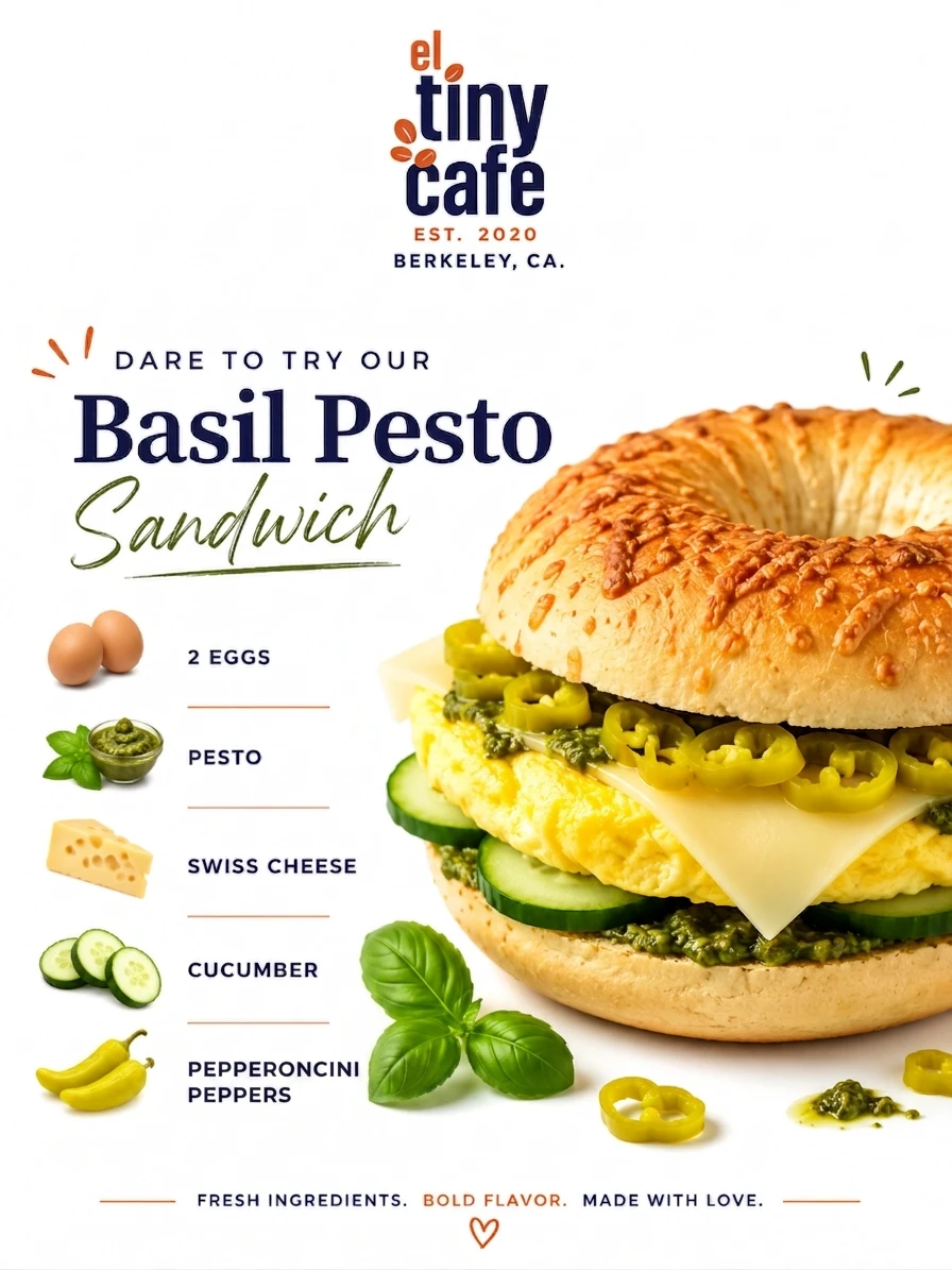 Basil Pesto bagel sandwich with eggs, Swiss, cucumber and pepperoncini