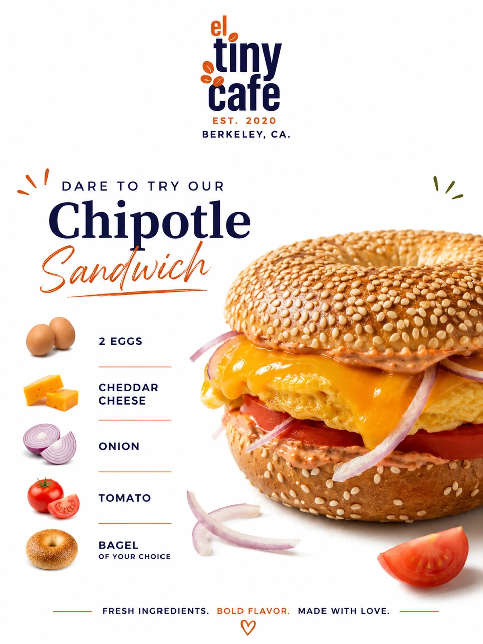Chipotle bagel sandwich with eggs, cheddar, onion and tomato