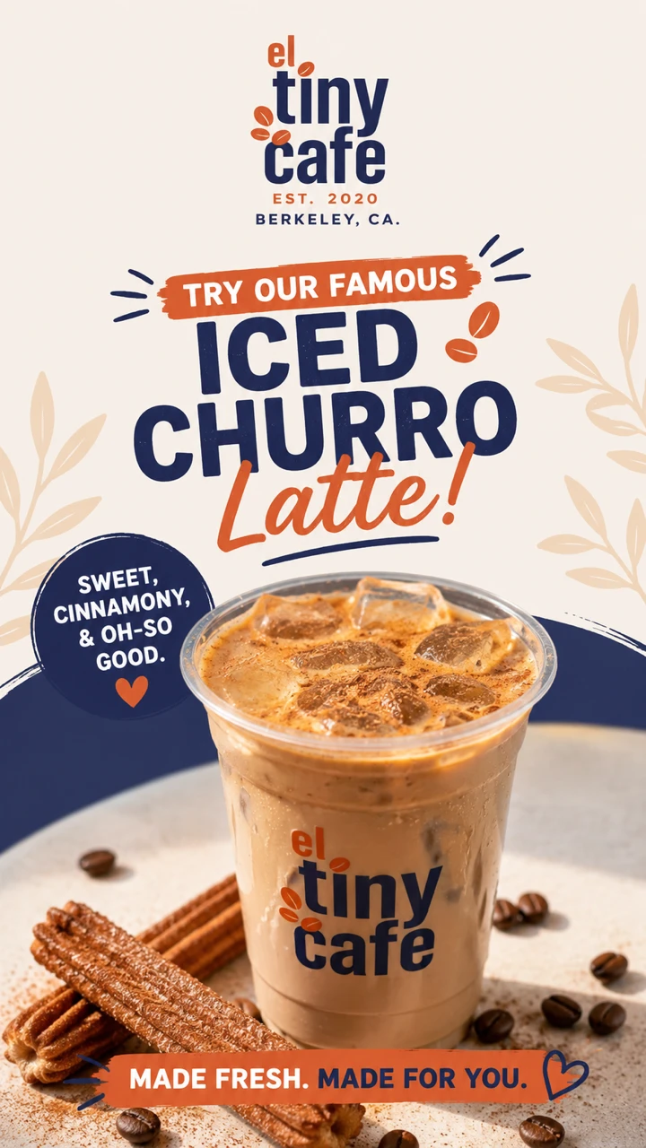 Iced Churro Latte in an El Tiny Cafe cup with fresh churros