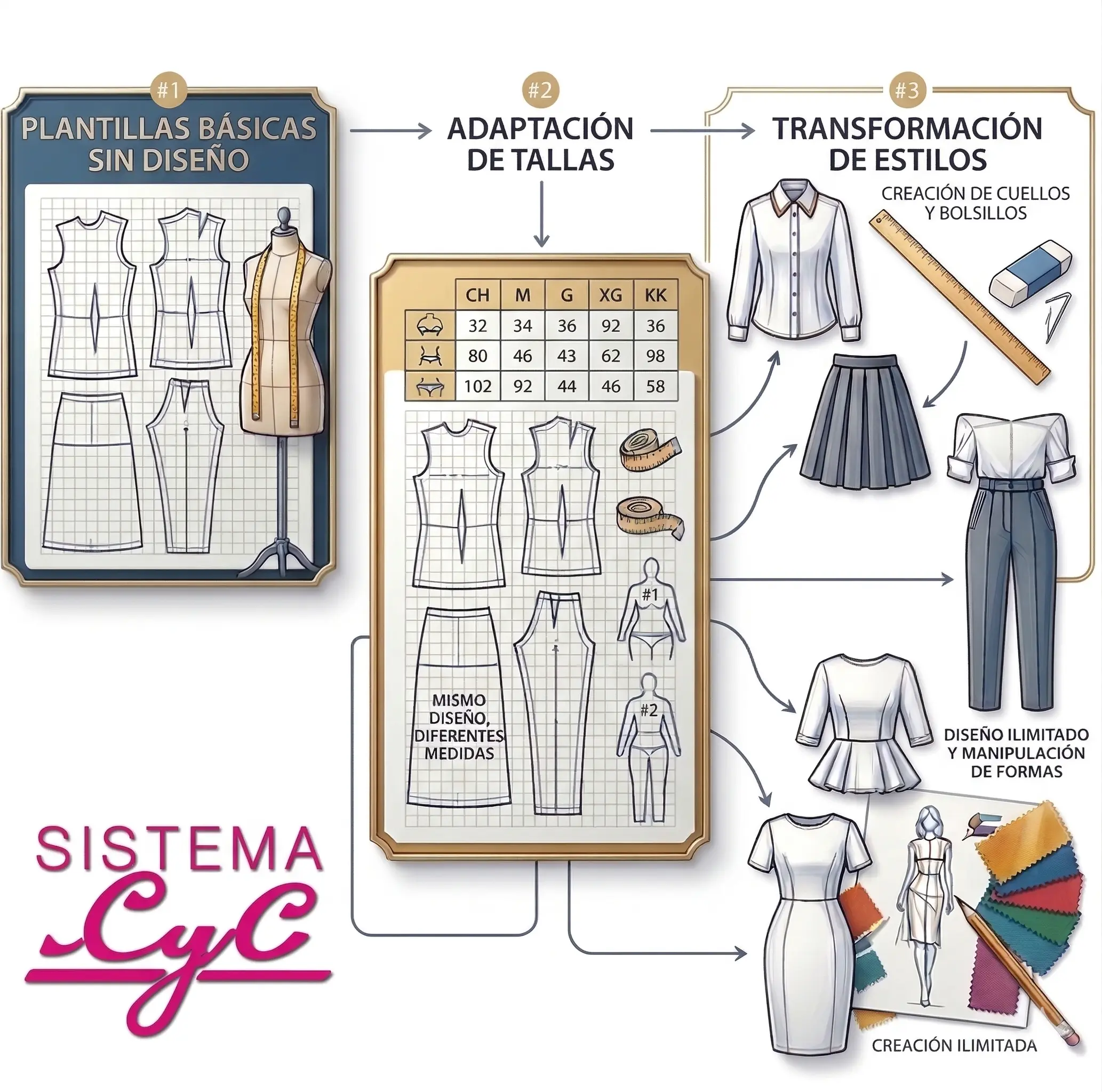 Infografía explicativa del Método Sistema CyC mostrando el proceso desde plantillas básicas sin diseño, adaptación de tallas y transformación de estilos.