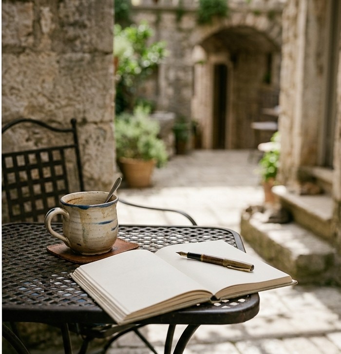 quiet café table with an empty coffee cup and a notebook
