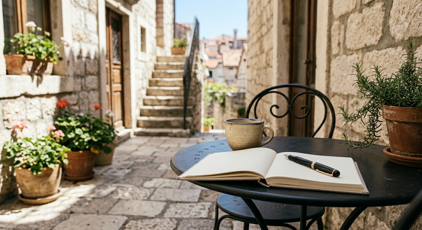 Quiet courtyard, notebook, learning Croatain Quiet courtyard, notebook, learning Croatain