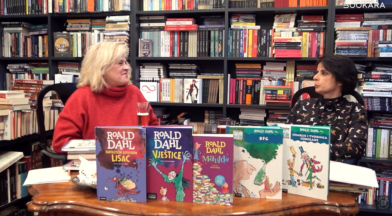 Tihana Klepač in conversation with Bookaravision at a Zagreb bookshop, with Croatian editions of Roald Dahl’s Matilda, The Witches, Fantastic Mr Fox, The BFG and Charlie and the Chocolate Factory on the table.
