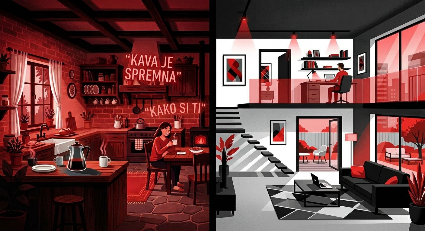 Editorial illustration in red, black, and white showing a heritage kitchen on the left with speech bubbles and modern rooms on the right, illustrating passive comprehension and active speech in Croatian.
