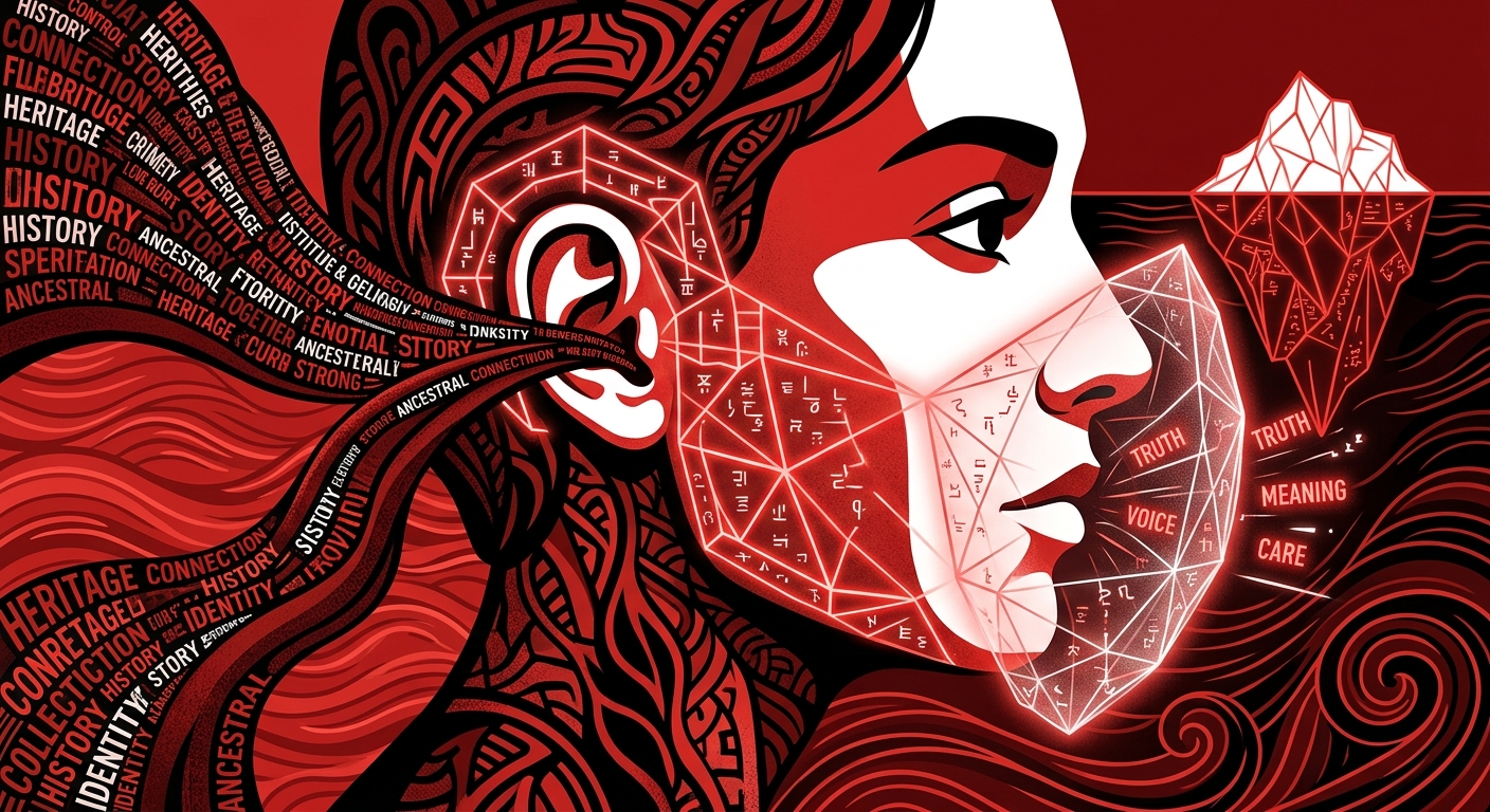 Red, black, and white conceptual illustration of a person listening and speaking, symbolizing the real-time mental mechanics and emotional protection of heritage language production.