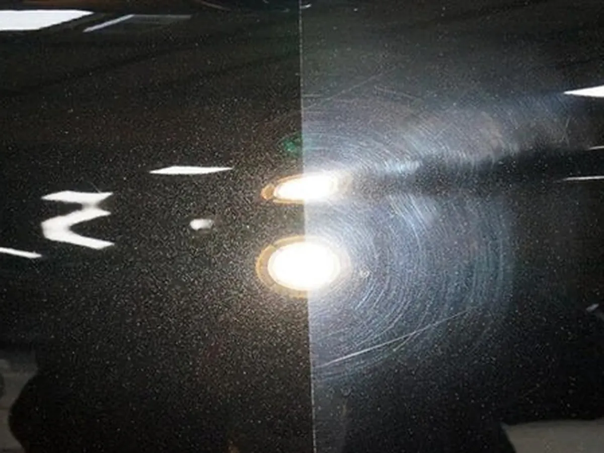 Before and after paint correction showing reduced swirl marks