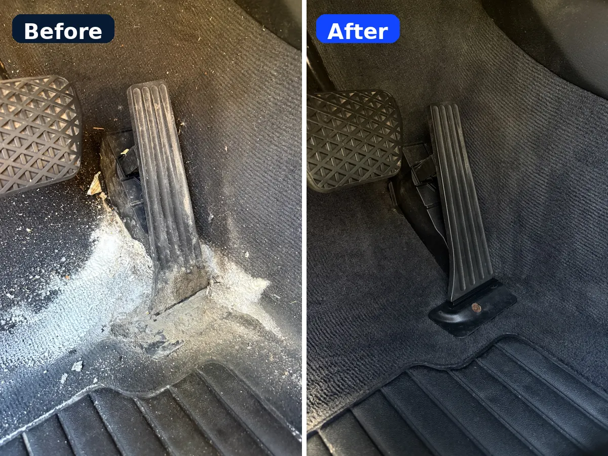 Before and after winter salt stain removal from vehicle carpet