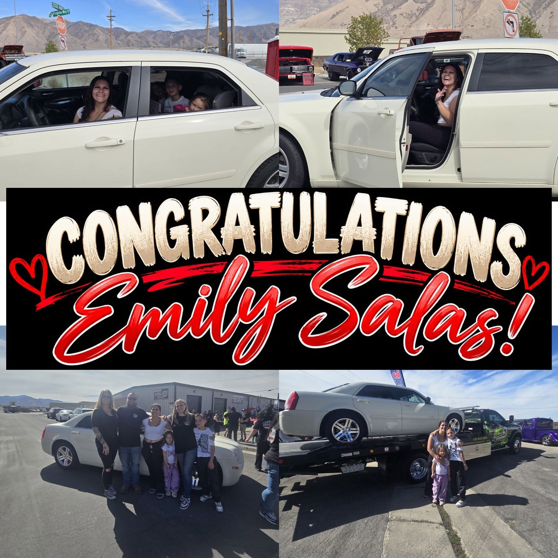 Congratulations Emily Salas collage of Emily receiving the free car at Awesome Auto Repair Grand Opening in Tooele UT