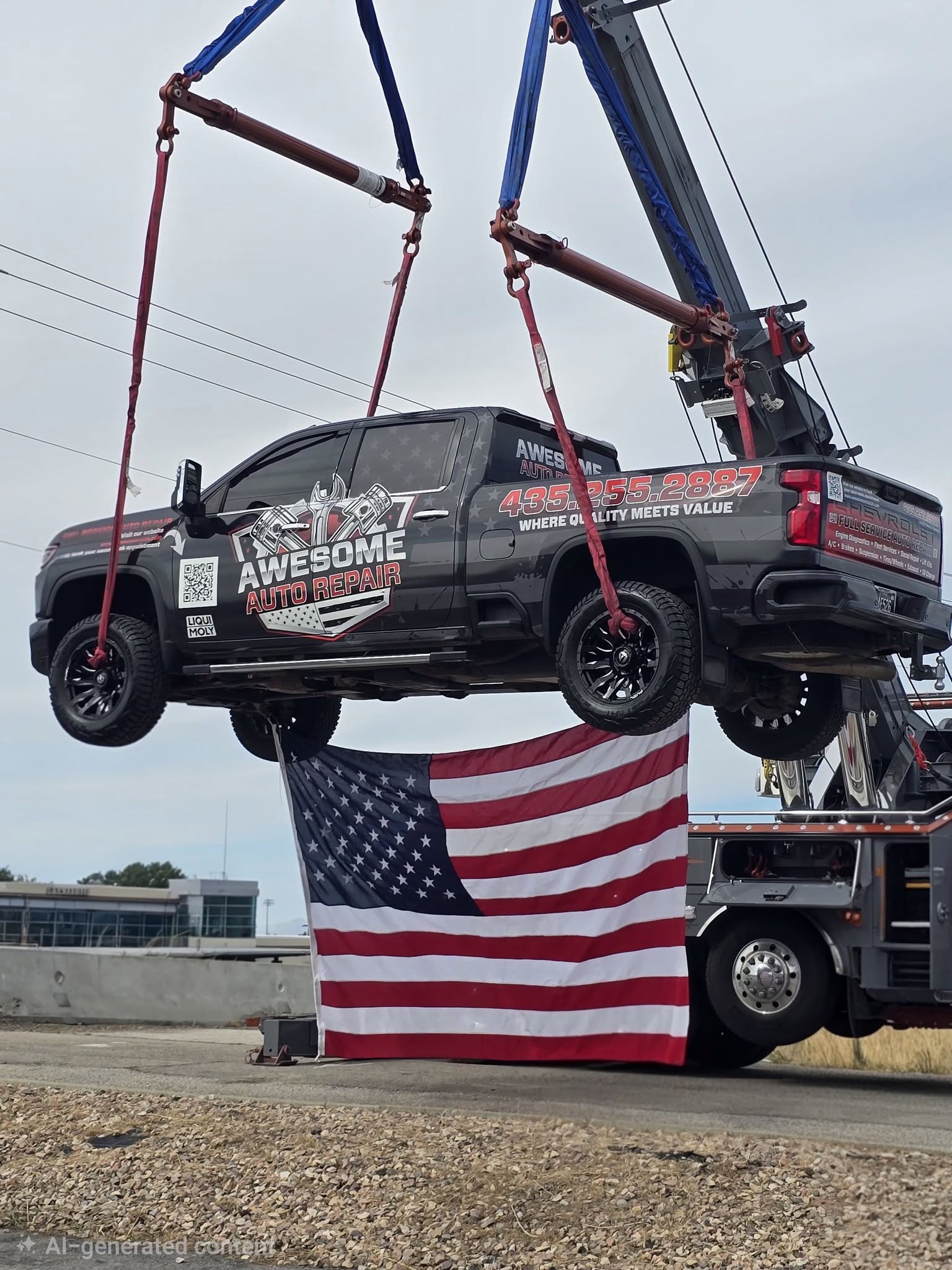 Awesome Auto truck lifted by a crane with the American flag at the Grand Opening in Tooele UT